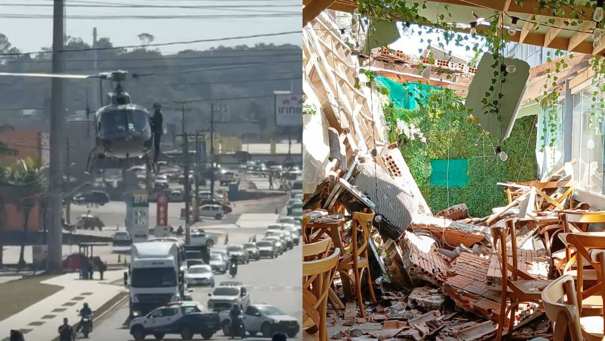 Telhado de panificadora desaba e mulher é socorrida pelo helicóptero Águia da PM em SC