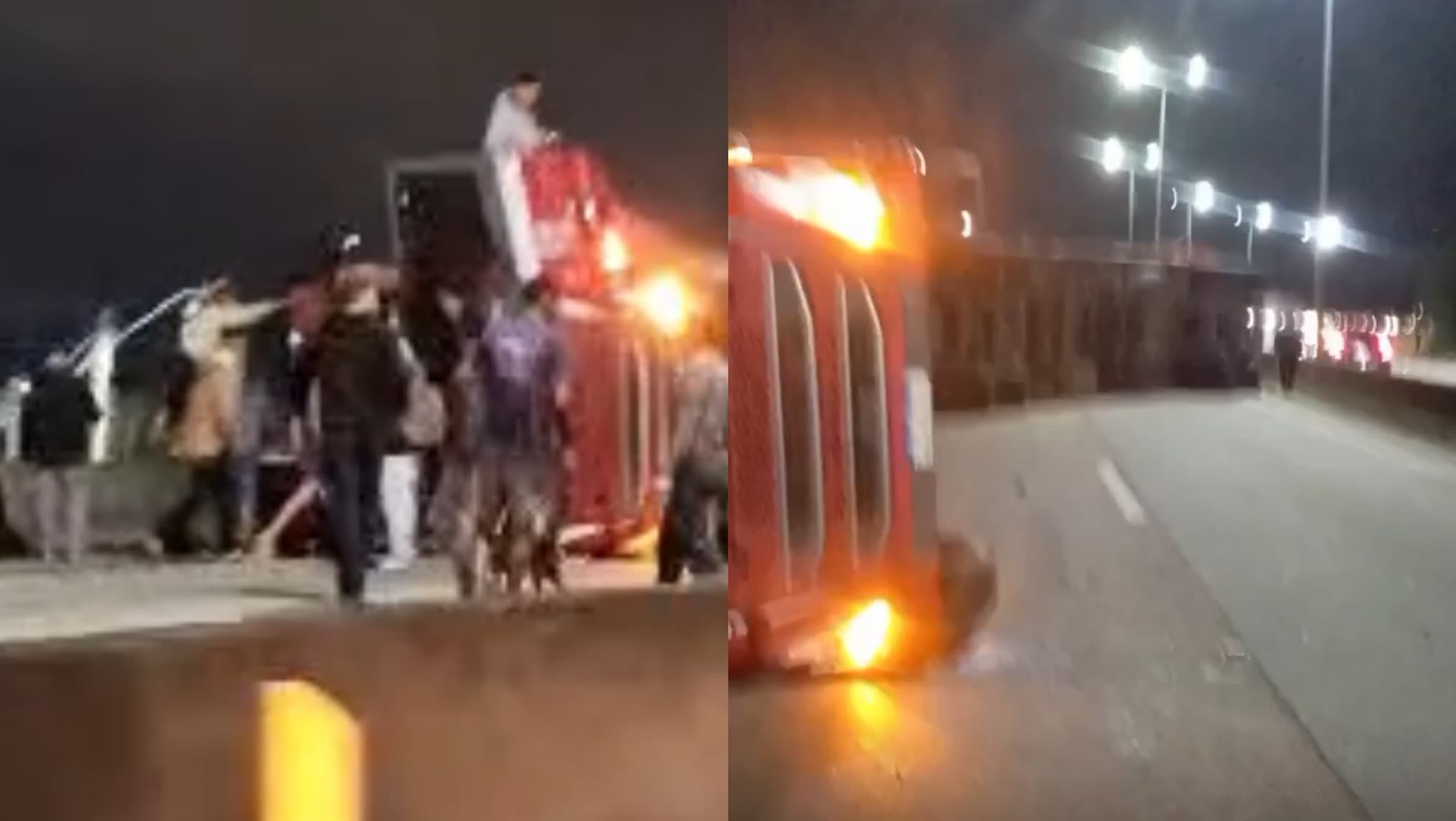 Caminhão tomba e carga se espalha na BR-101 em Biguaçu