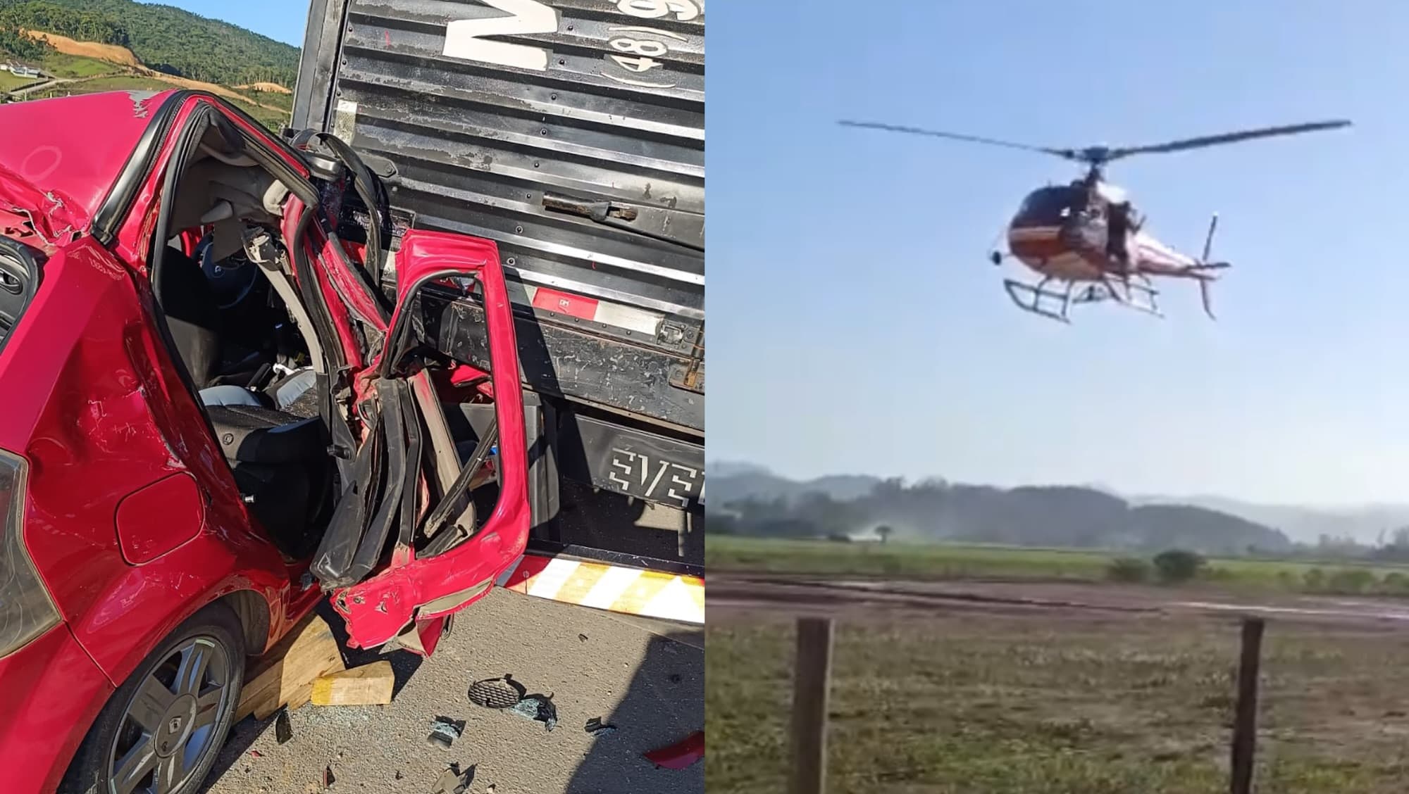 Acidente entre carro e caminhão deixa feridos na BR-470 e mobiliza helicóptero Arcanjo-03