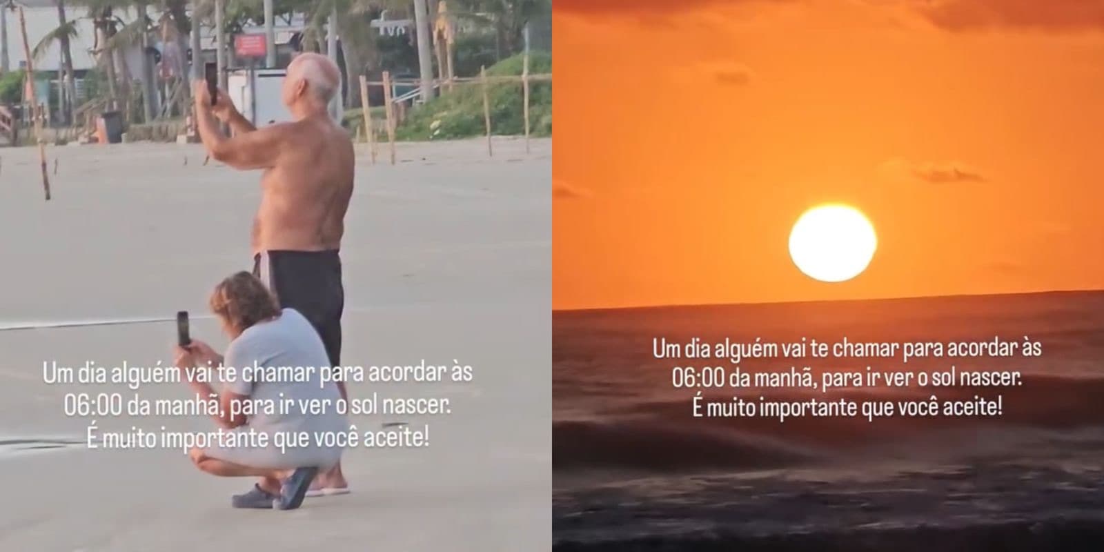 Casal de idosos viraliza ao ser flagrado contemplando o nascer do sol em praia de SC