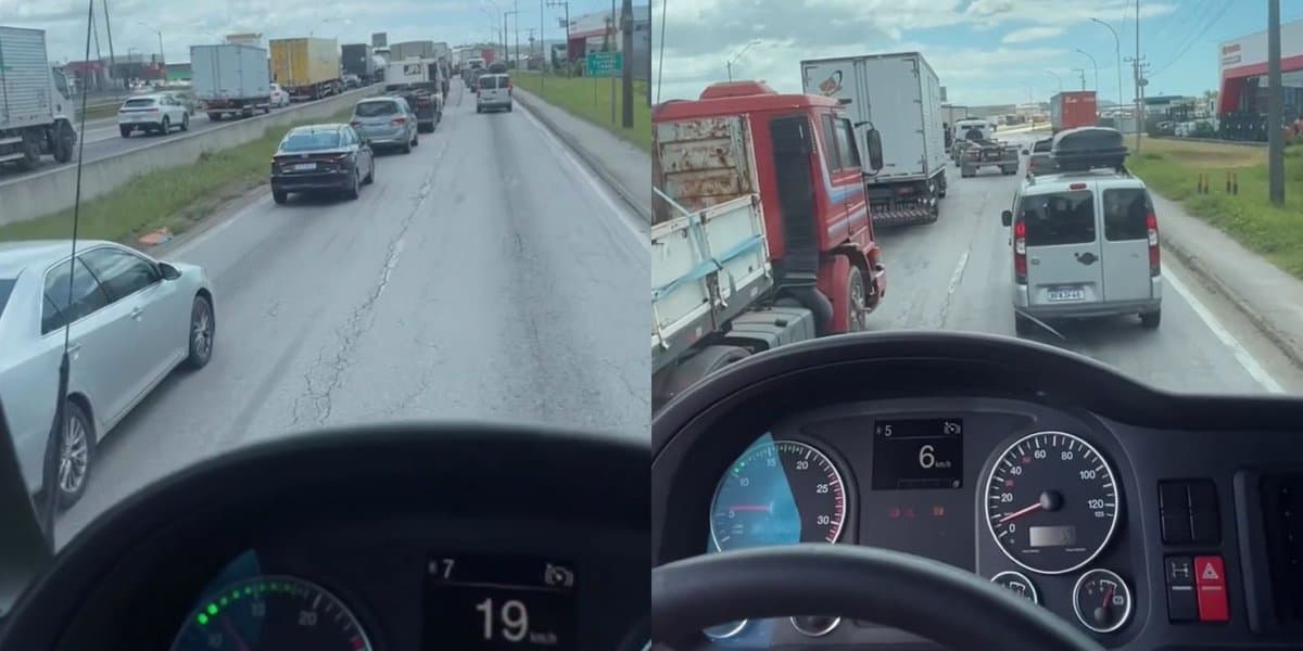 “Não é que eu faça isso”: caminhoneiro ironiza ao explicar por que existe congestionamento no acesso à BR-101 em Itajaí