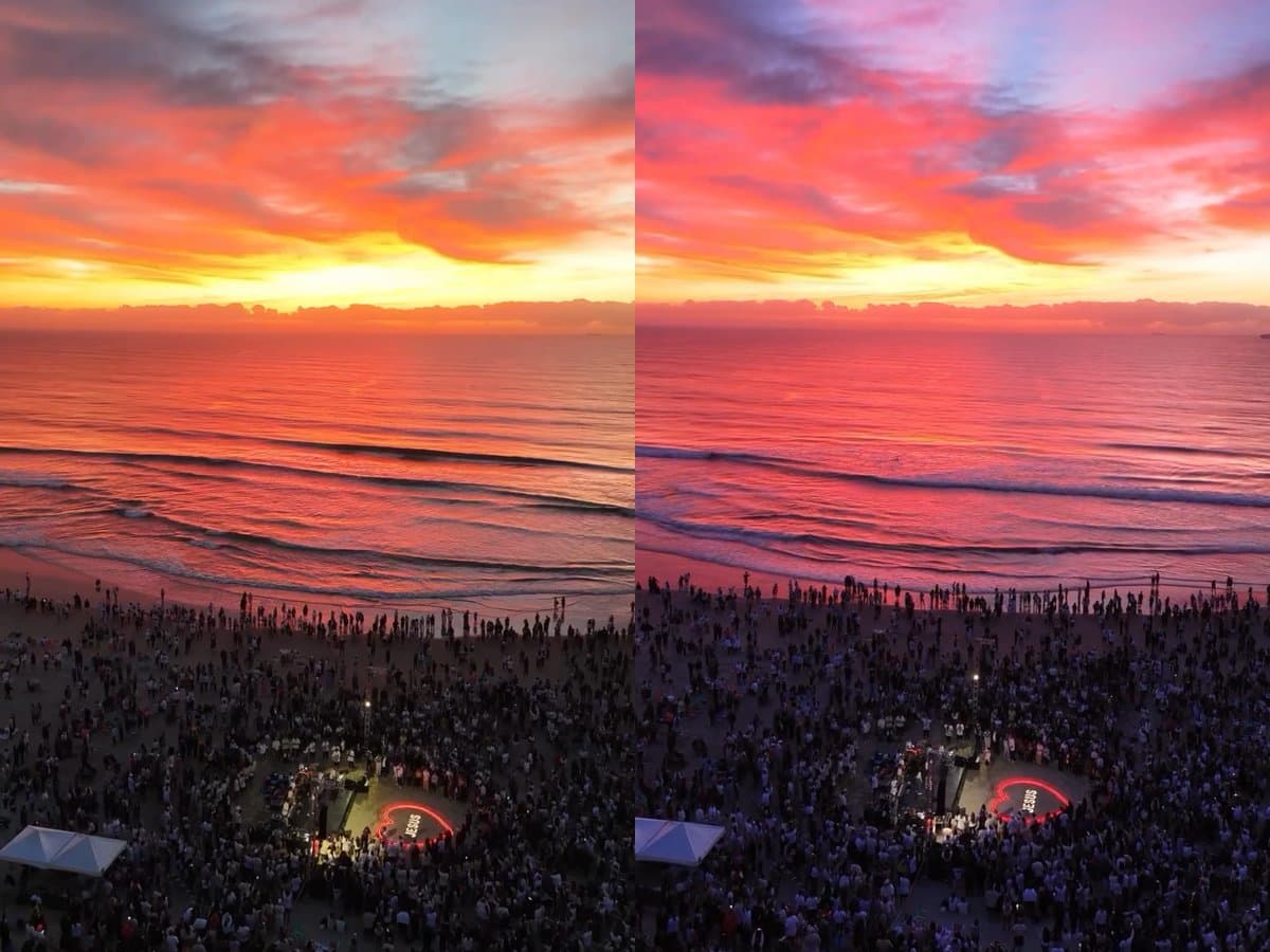Imagens mostram amanhecer espetacular diante de multidão em adoração em praia de SC