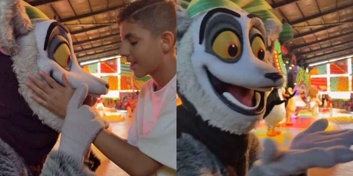Menino com deficiência visual tenta tocar no Rei Julien e atitude do personagem emociona em SC