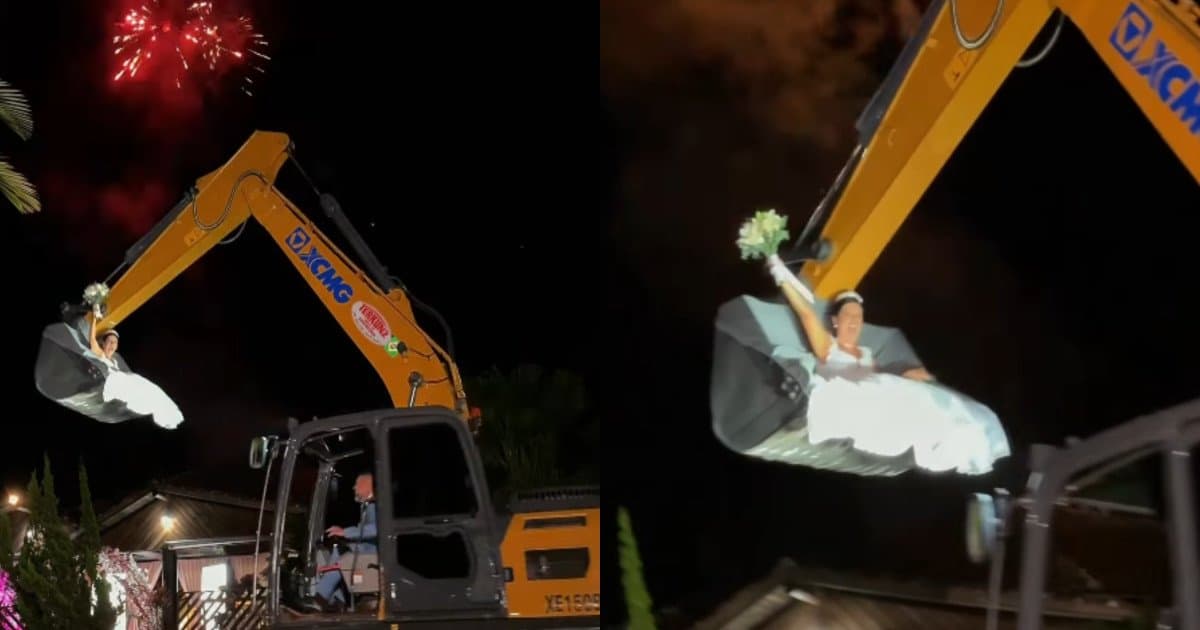 Em vez de carro de luxo, noiva homenageia história da família e chega de forma inusitada ao altar em Santa Catarina