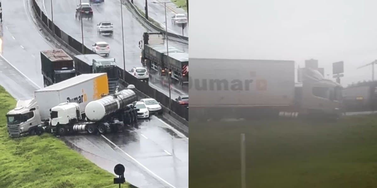 URGENTE: acidente entre carretas e carro interdita BR-101 em Itapema