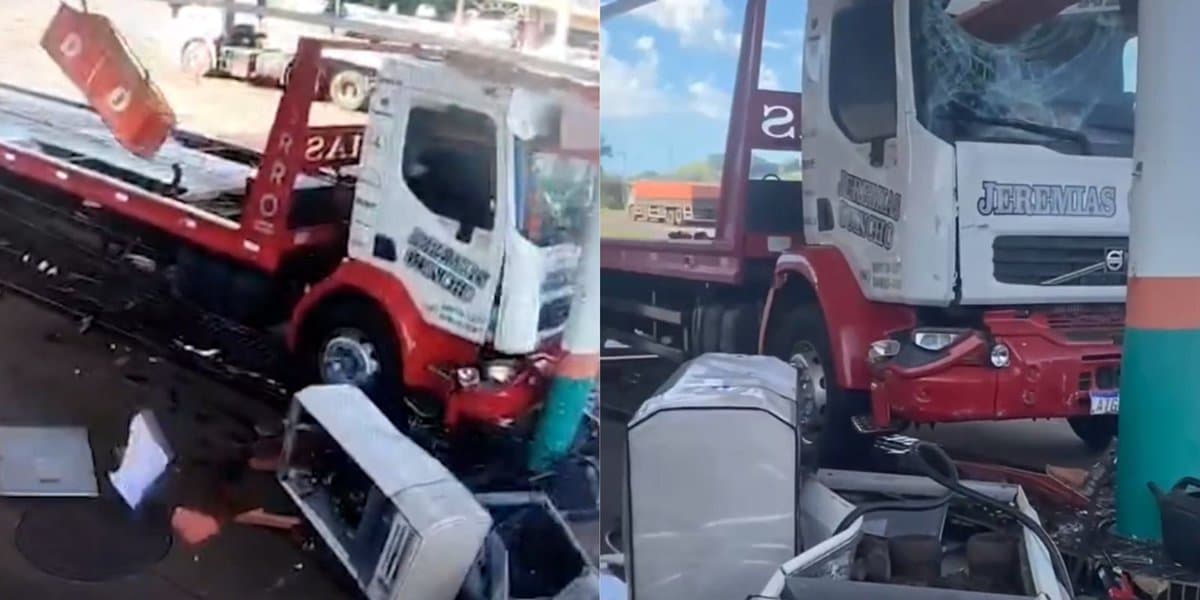 “Quase explodiu”: caminhão invade posto, arrasta moto e destrói bombas de combustível em SC