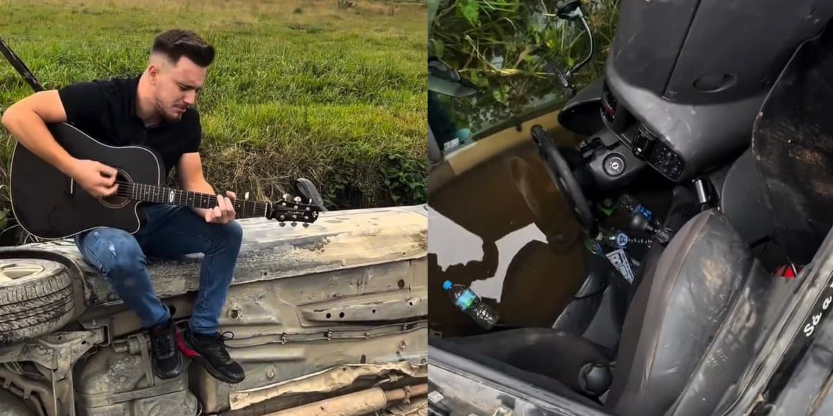 “Não desanimemo”: cantor sofre acidente e toca violão em cima do veículo capotado em SC