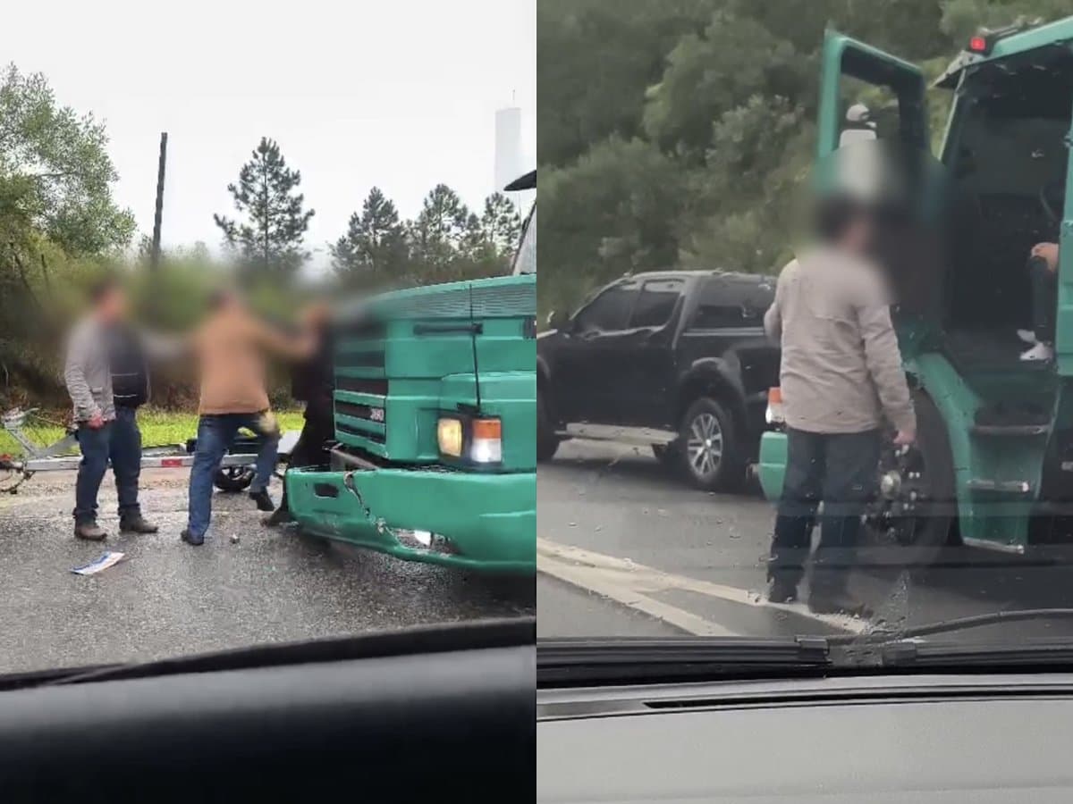 Carretinha de camionete enrosca em carreta e motorista ainda acaba sendo agredido na BR-101 em SC