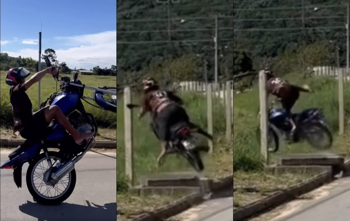 “Sorte que não tinha arame”: jovem decide empinar moto em Tijucas e o inesperado acontece