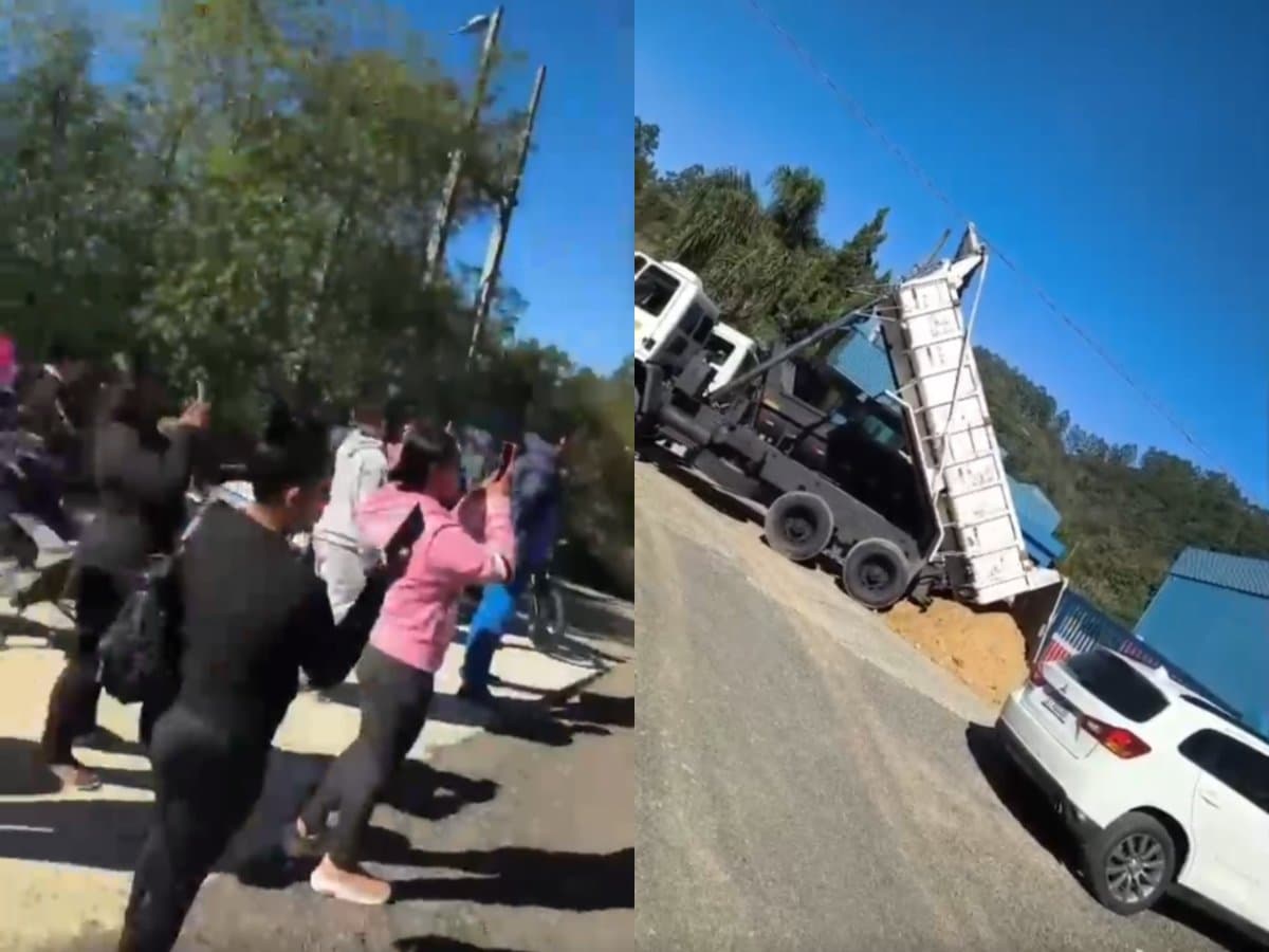 Manifestantes jogam caçambas de terra em portão de frigorífico de SC para cobrar dívidas