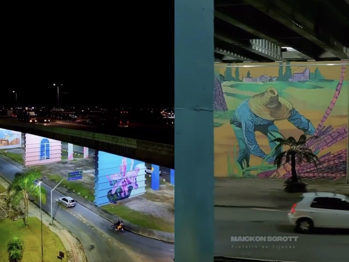 Cana de açúcar, pesca e gaiola: viadutos em Tijucas viram a maior galeria de arte a céu aberto de SC
