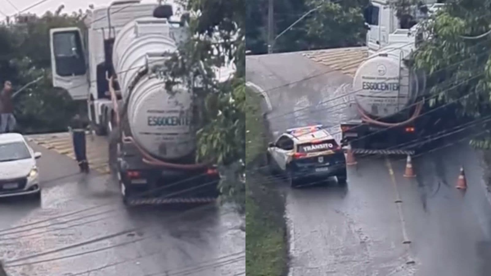 “Pensa na cag…”: caminhão limpa fossa não vence subida e deixa rastros pela rua em SC