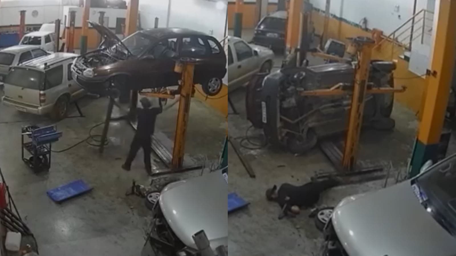 Carro despenca de elevador automotivo e funcionário escapa por pouco em oficina em SC