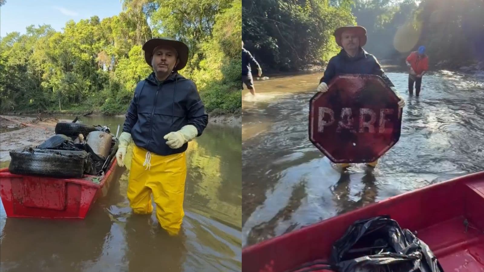 Pneu, bacia, tapete e até placa de “PARE”: prefeito de Blumenau mostra montanha de lixo jogado em córrego