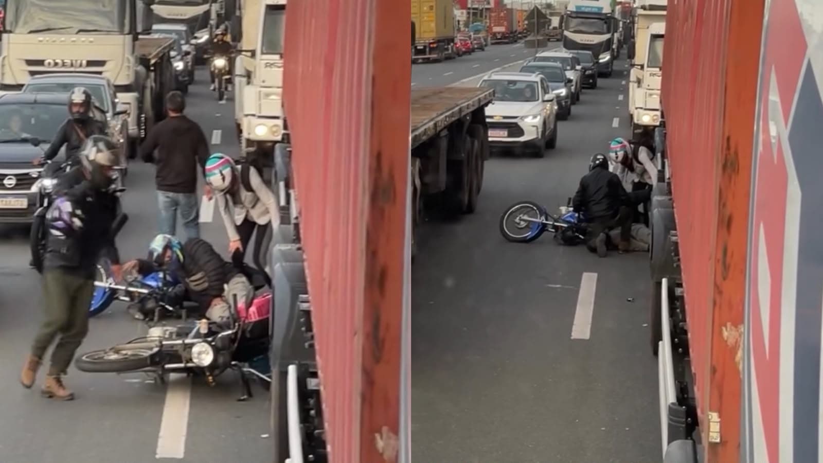 Fila de acidente fatal quase faz nova vítima após motociclista parar embaixo de carreta em SC