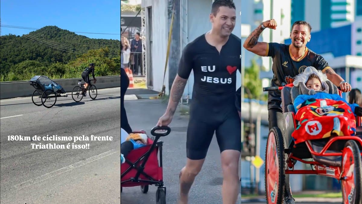 “O que é impossível?”: pai e filho com paralisia cerebral completam 226 km no Ironman em Floripa