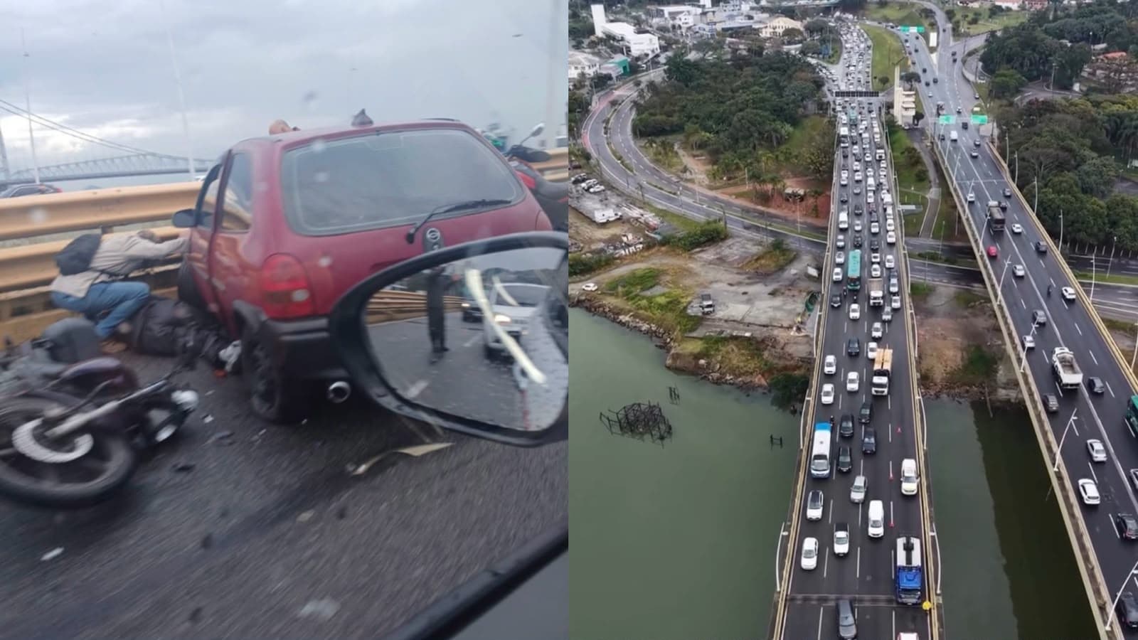 Colisão no meio da Ponte Pedro Ivo Campos deixa motociclista ferido e gera caos no trânsito de Florianópolis