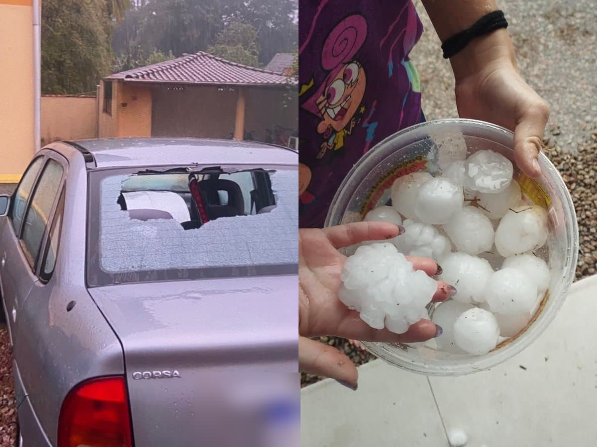 Granizo do tamanho de ovo quebra vidros de carros e deixa quintais brancos em Guabiruba e Brusque