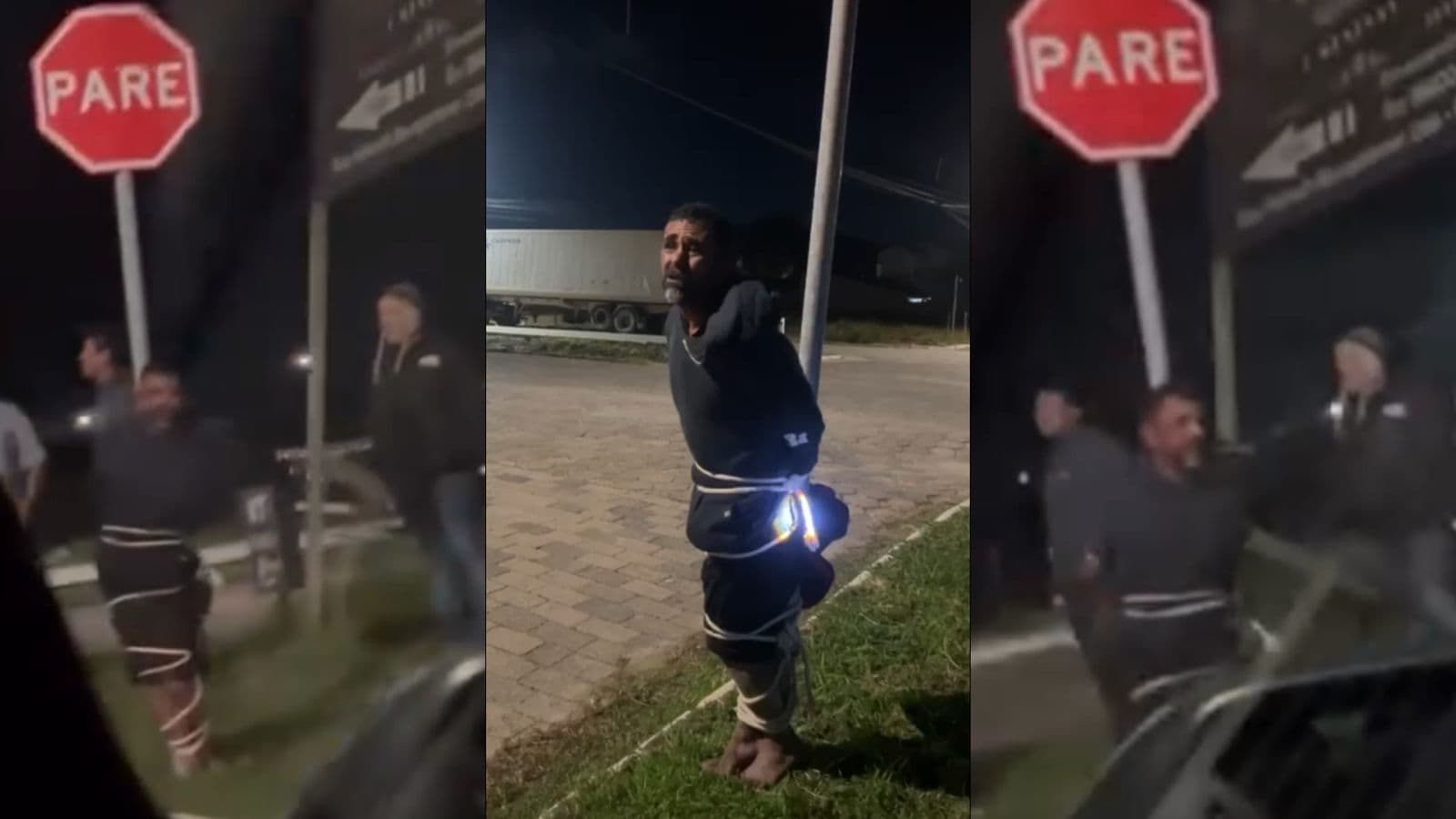 Suspeito de roubar em Navegantes acaba amarrado em placa: “eu nunca fiz isso”