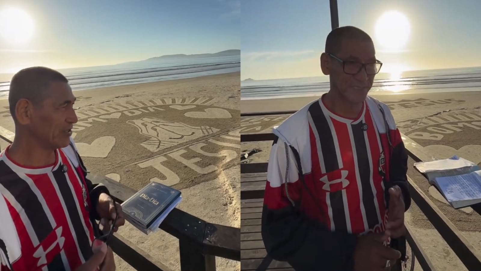 Homem diz que deixou lugar onde “não tinha valor”, e hoje encanta cidade catarinense com desenhos na areia