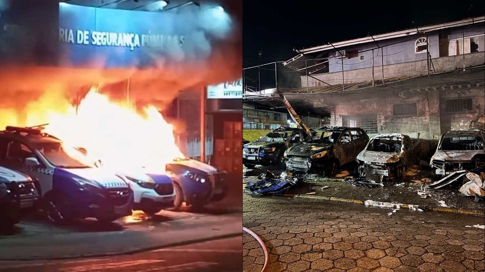 Bandidos ateiam fogo e destroem quatro viaturas da Segurança Pública em Araquari na madrugada