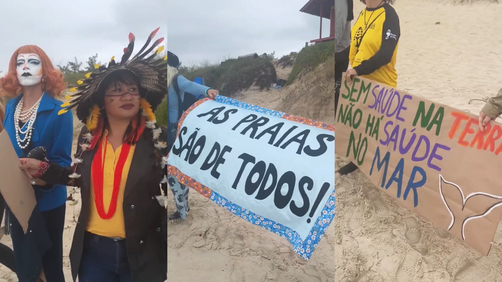 Manifestantes ocupam a Praia do Rosa contra projeto que libera área protegida da orla no litoral sul de SC