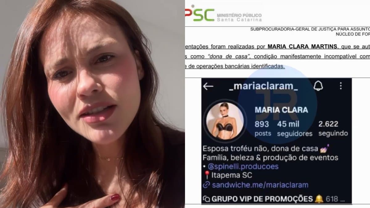 Maria Clara Martins em vídeo no Instagram e trecho de documento do MPSC