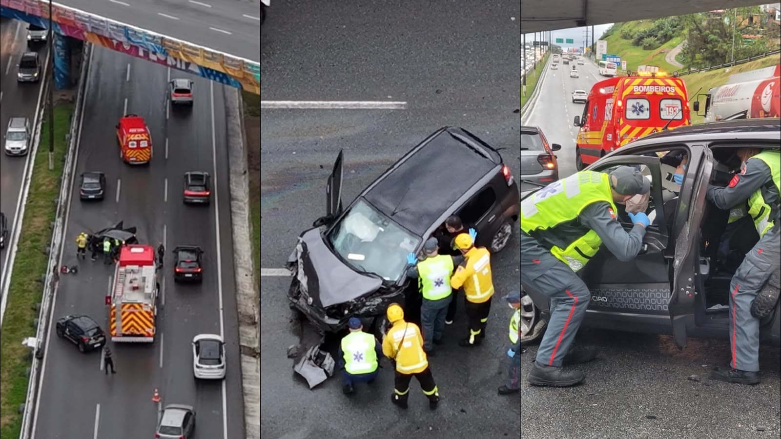 Mulher fica presa às ferragens após grave acidente e trânsito trava na saída da Ilha, em Florianópolis