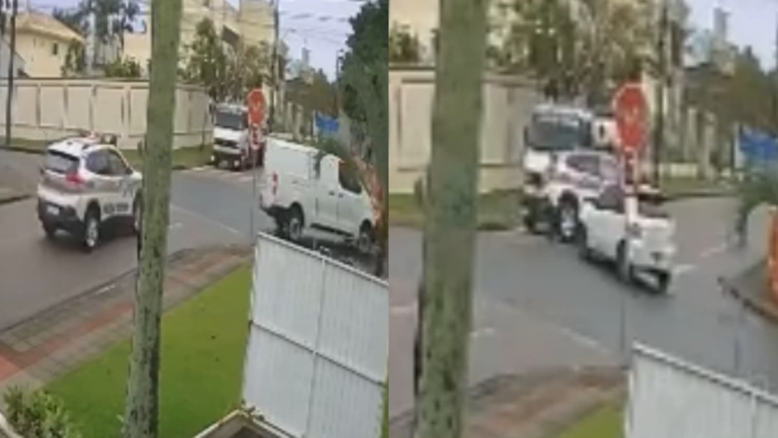 Câmera flagra momento em que viatura da PMSC é atingida e arremessada contra caminhão em Criciúma