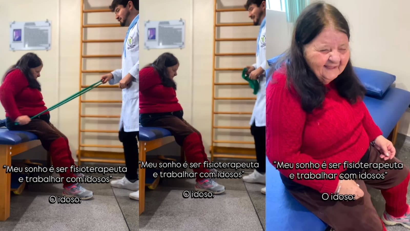 Fisioterapeuta de SC leva “golpe” de elástico e carisma de paciente idosa rouba a cena