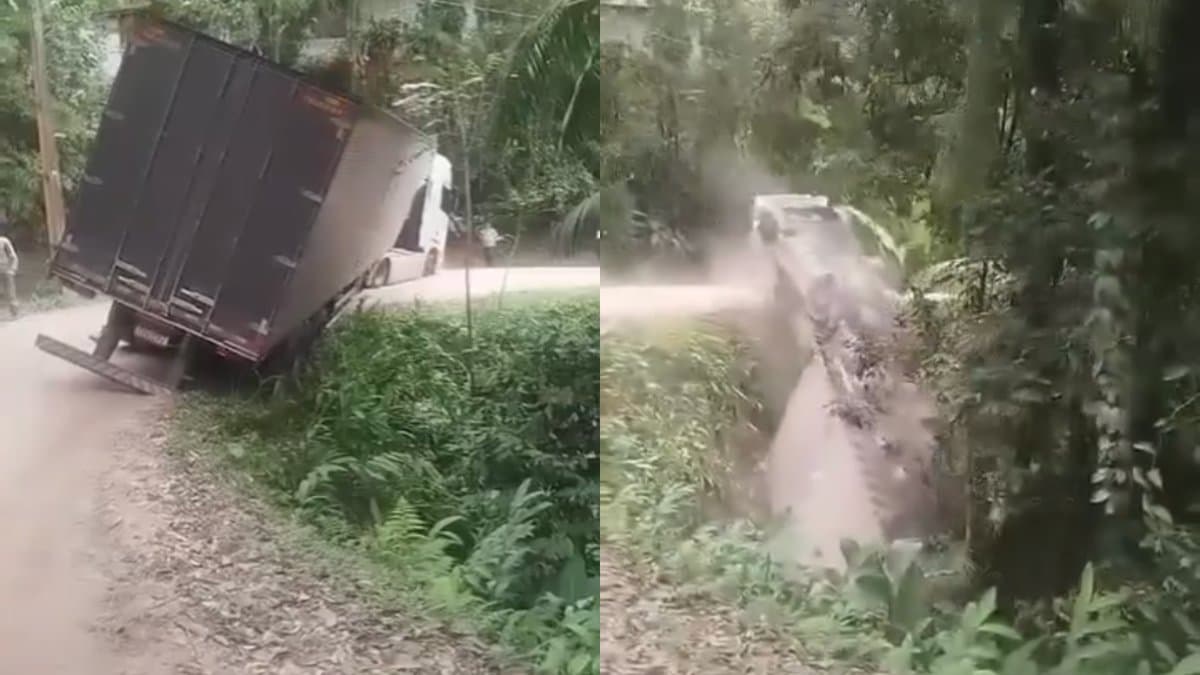 “Capotemo na curva”: motorista e ajudante escapam antes de carreta cair em ribanceira de Gaspar