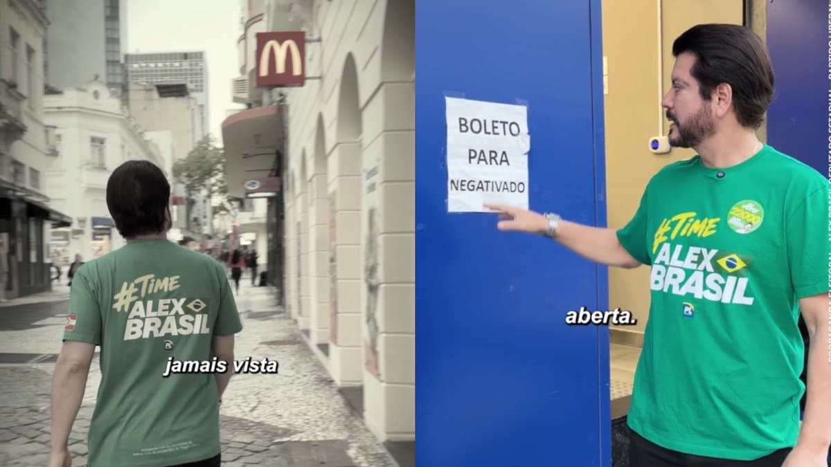Deputado caminha pelo Centro de Florianopolis e aponta cartaz de boleto para negativado em loja fechada