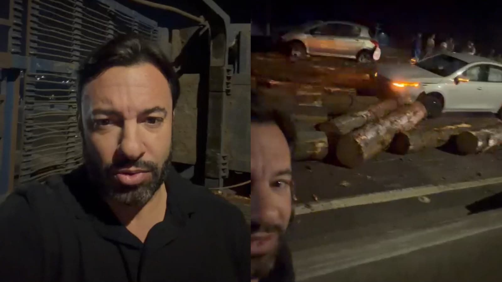 “Grande livramento”: deputado catarinense vê caminhão com toras tombar à sua frente na BR-101