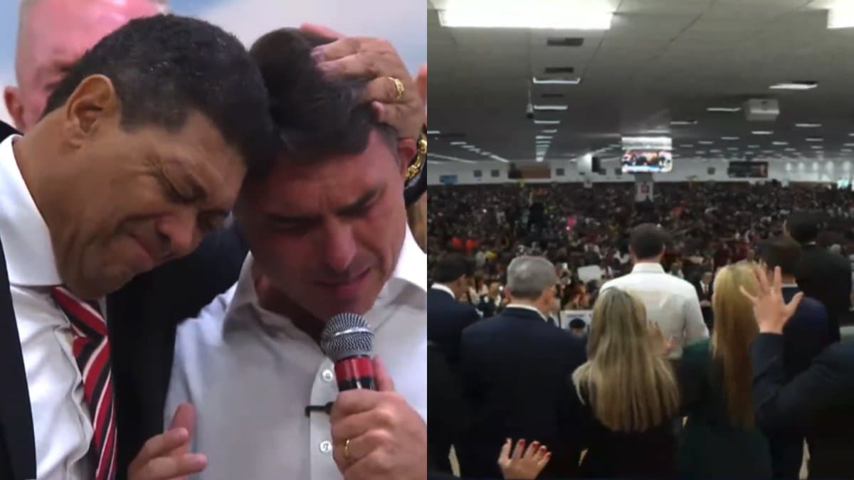 Diante de multidão, Flávio Bolsonaro chora no ombro de Valdemiro Santiago após Moraes negar visita ao pai