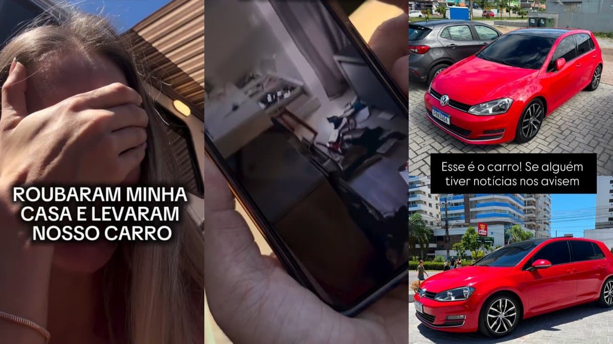 Montagem mostra a influenciadora cobrindo o rosto, imagem da casa revirada em um celular e o Golf vermelho levado pelos criminosos