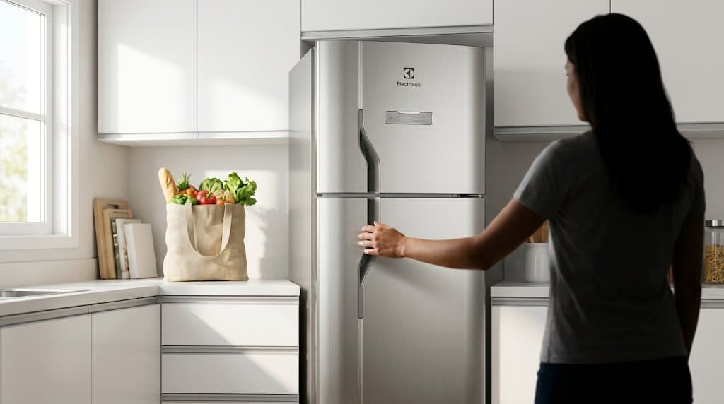 Mulher abre geladeira duplex inox em cozinha branca com sacola de compras ao lado