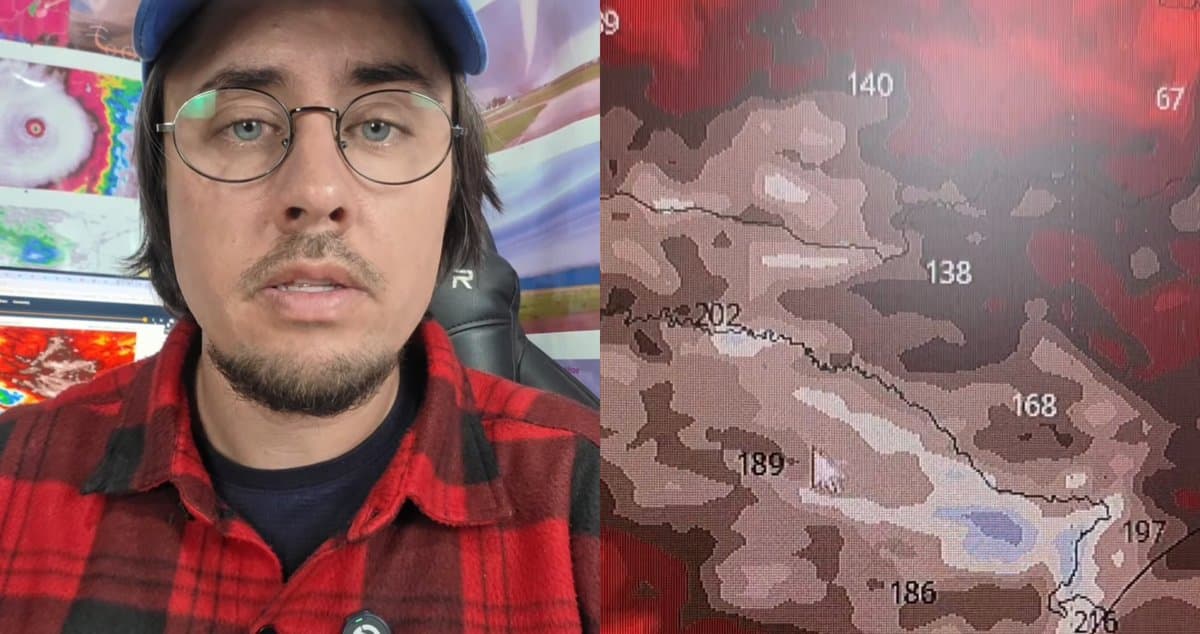 Meteorologista Piter Scheuer ao lado de mapa de previsão de chuva com acumulados acima de 200 mm no Sul do Brasil
