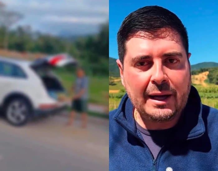 Montagem com o flagrante do descarte irregular de lixo em Palhoça e o vice-prefeito de São José, Michel Schlemper, falando em vídeo