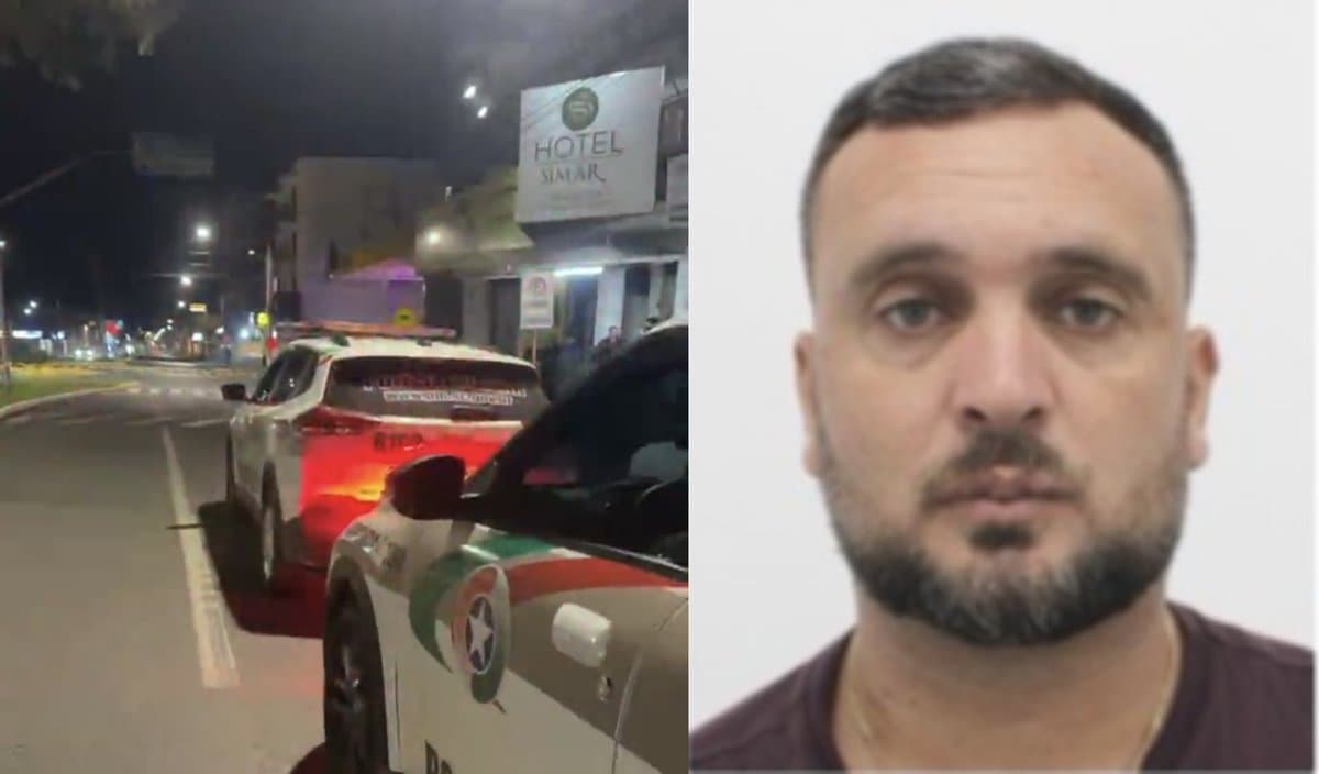 Viaturas da Polícia Militar em frente a hotel na Avenida 7 de Setembro, em Araranguá