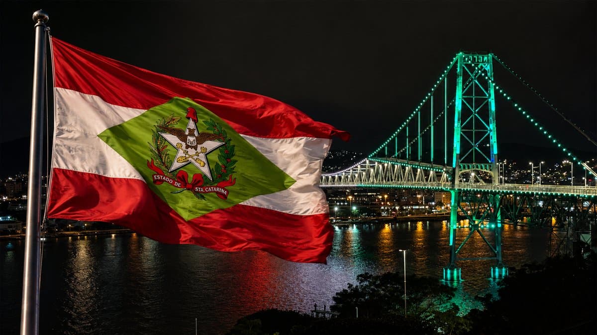 Bandeira de Santa Catarina com a Ponte Hercílio Luz, em Florianópolis, ao fundo