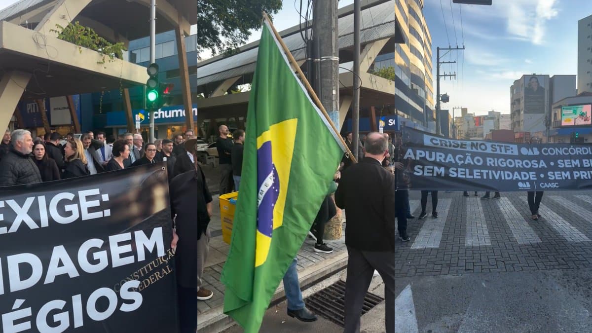 Advogados seguram faixa da OAB Concórdia com os dizeres Crise no STF: apuração rigorosa, sem blindagem, sem seletividade, sem privilégios, durante ato no centro da cidade