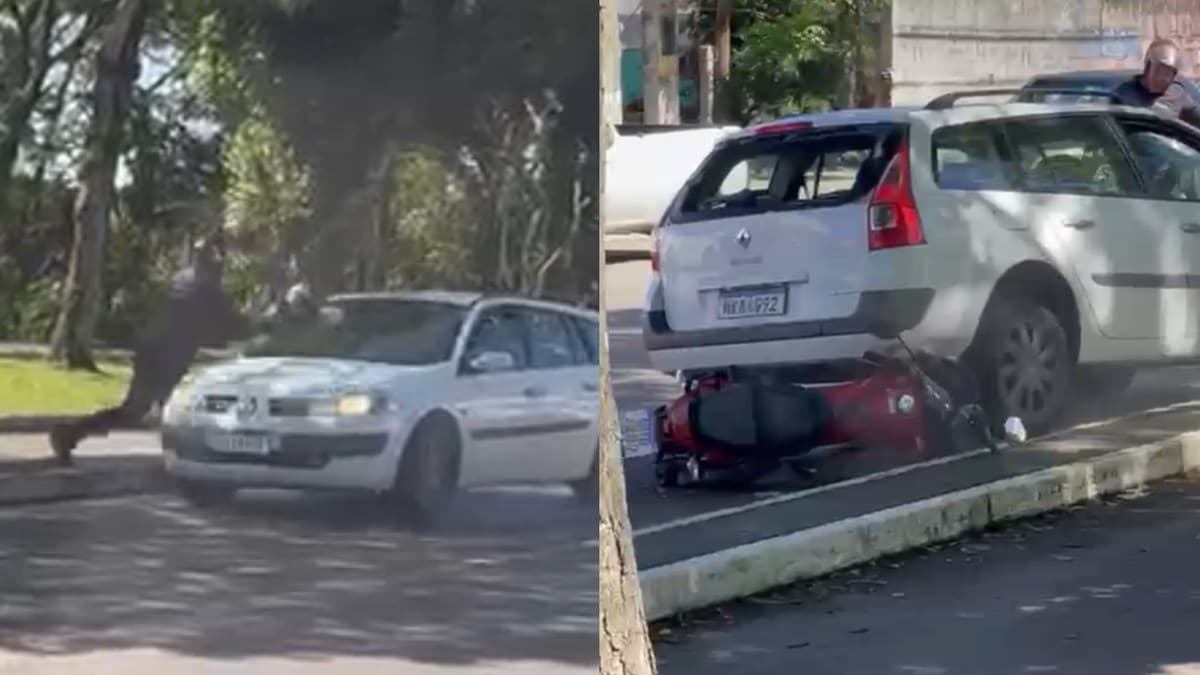 Discussão no trânsito termina com para-brisa destruído e moto arrastada por carro em SC