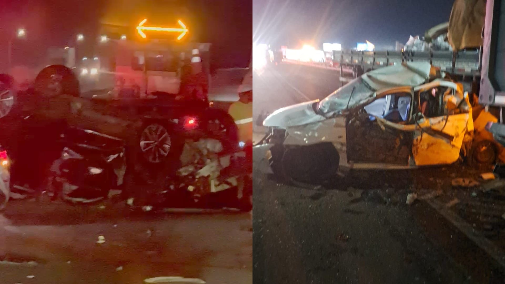 Carro capotado e carro destruído entre caminhões na BR-101, em Tijucas
