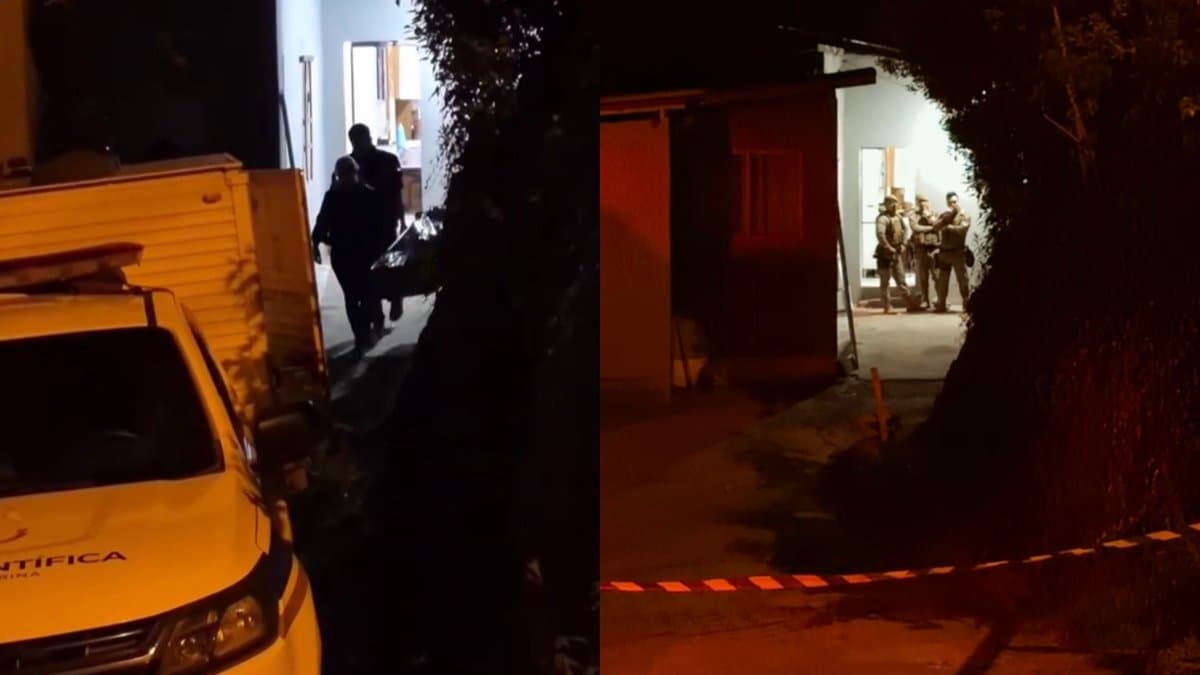 Polícia Científica e policiais militares em casa no bairro Azambuja, em Brusque, após confronto