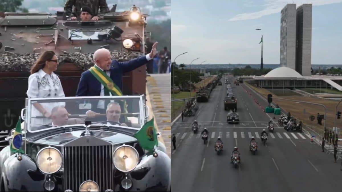 Lula e Janja acenam do Rolls-Royce presidencial no desfile de 7 de Setembro, ao lado de imagem da Esplanada dos Ministerios com a via vazia durante o cortejo