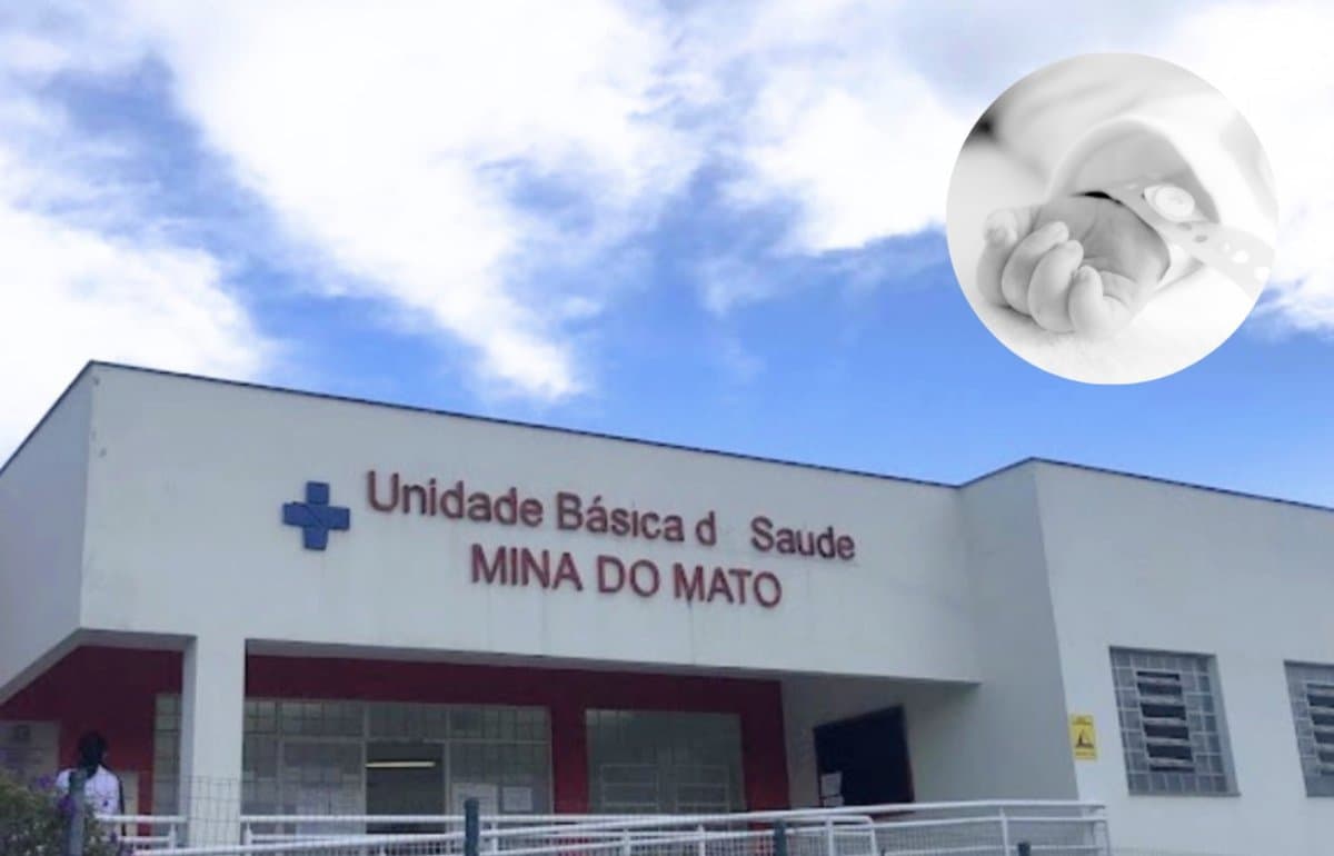 Fachada da Unidade Básica de Saúde Mina do Mato, em Criciúma, com imagem ilustrativa de bebê recém-nascido em destaque