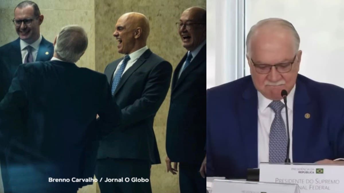 Alexandre de Moraes e ministros no STF; ao lado, Edson Fachin discursa no Palácio do Planalto