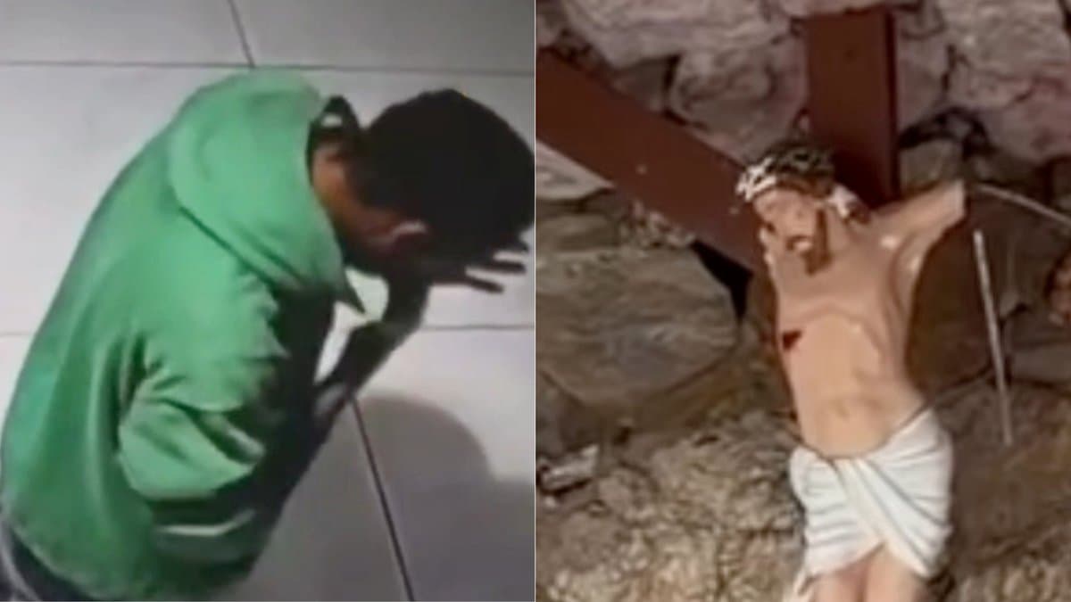 Homem ajoelhado orando e imagem de Jesus crucificado com os braços quebrados em Gaspar