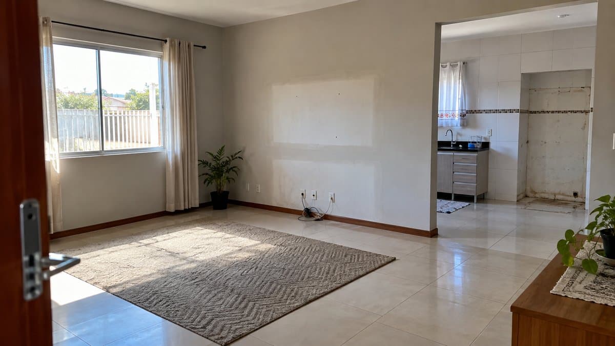 Sala de casa vazia, sem sofá e sem TV, com marcas na parede e espaço da geladeira vazio na cozinha