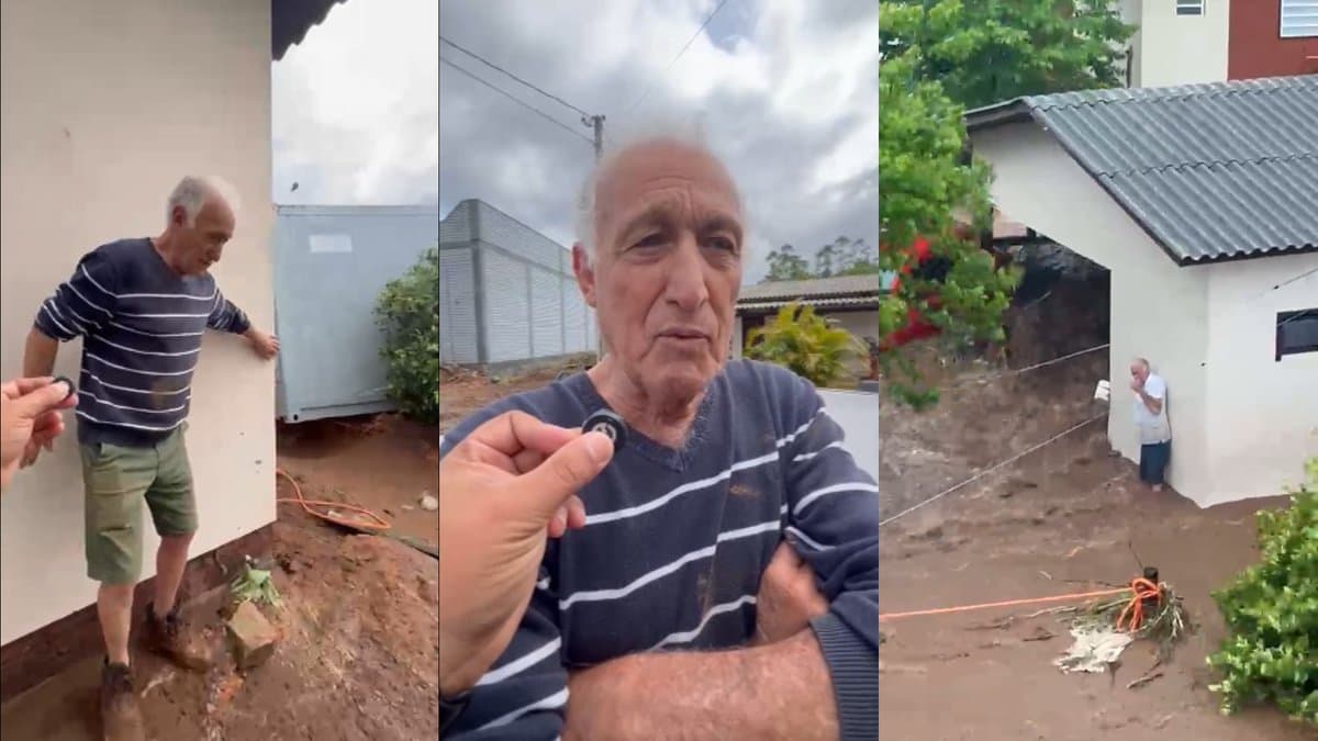 Idoso de 76 anos mostra o canto da casa onde esperou o resgate de helicóptero durante a enchente em Timbé do Sul